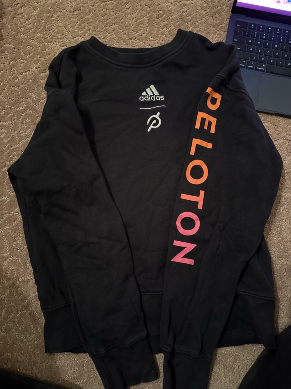 adidas Black Crewneck Sweatshirt with Orange-Pink Peloton Sleeve
